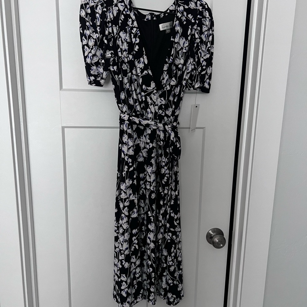 Harper Black and White Floral Wrap Midi Dress